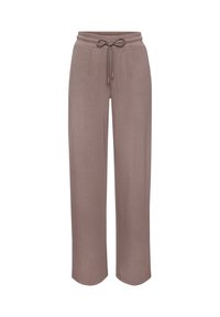 Hnedé tepláky so rovnými nohavicami, elastickým pásom a sťahovacou šnúrkou, určené na bežné nosenie.