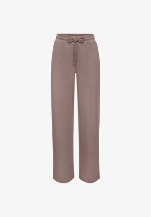 Pantalones deportivos marrones de pierna recta con cintura elástica y cordón, diseñados para uso casual.