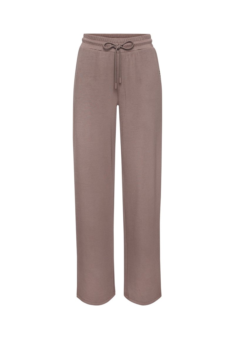 Hnedé tepláky so rovnými nohavicami, elastickým pásom a sťahovacou šnúrkou, určené na bežné nosenie.