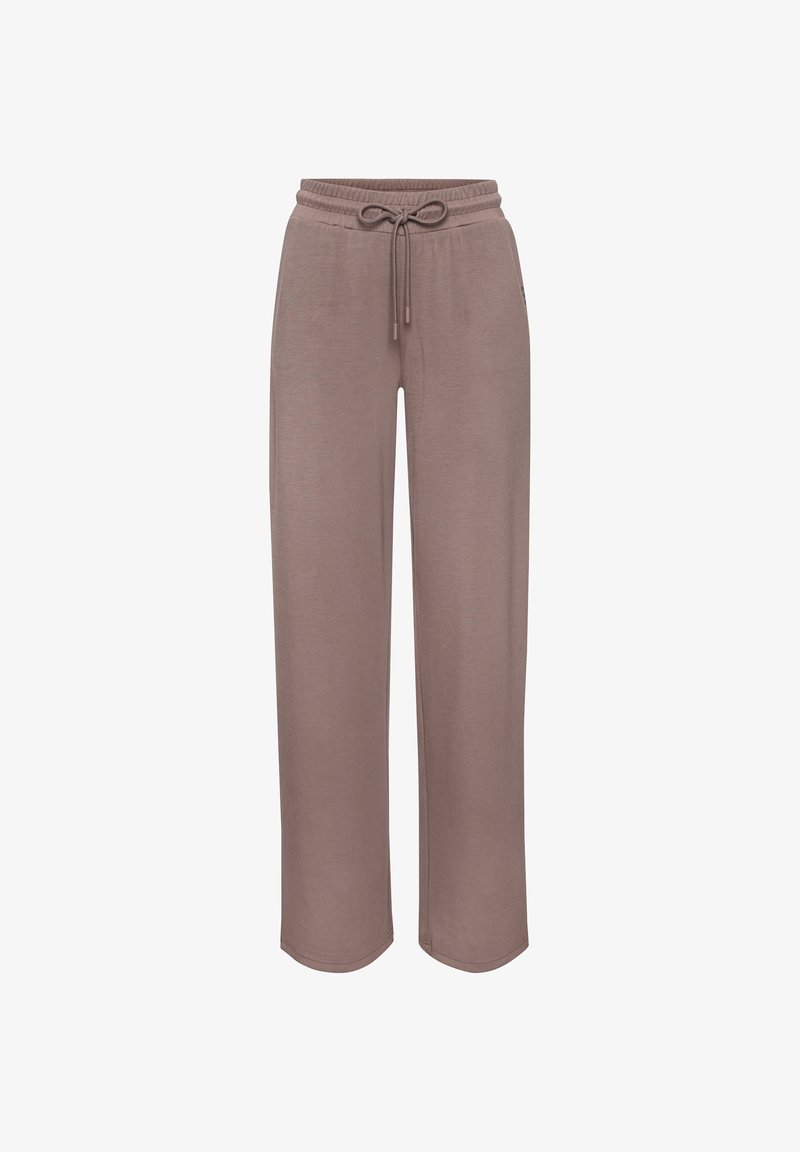 Hnedé tepláky so rovnými nohavicami, elastickým pásom a sťahovacou šnúrkou, určené na bežné nosenie.