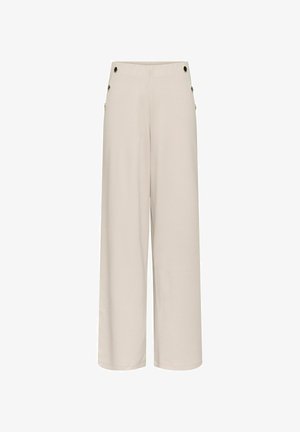 Beežid kõrge vöökohaga laiade jalgadega püksid, mille külgedel on nööpide detailid, valgel taustal.