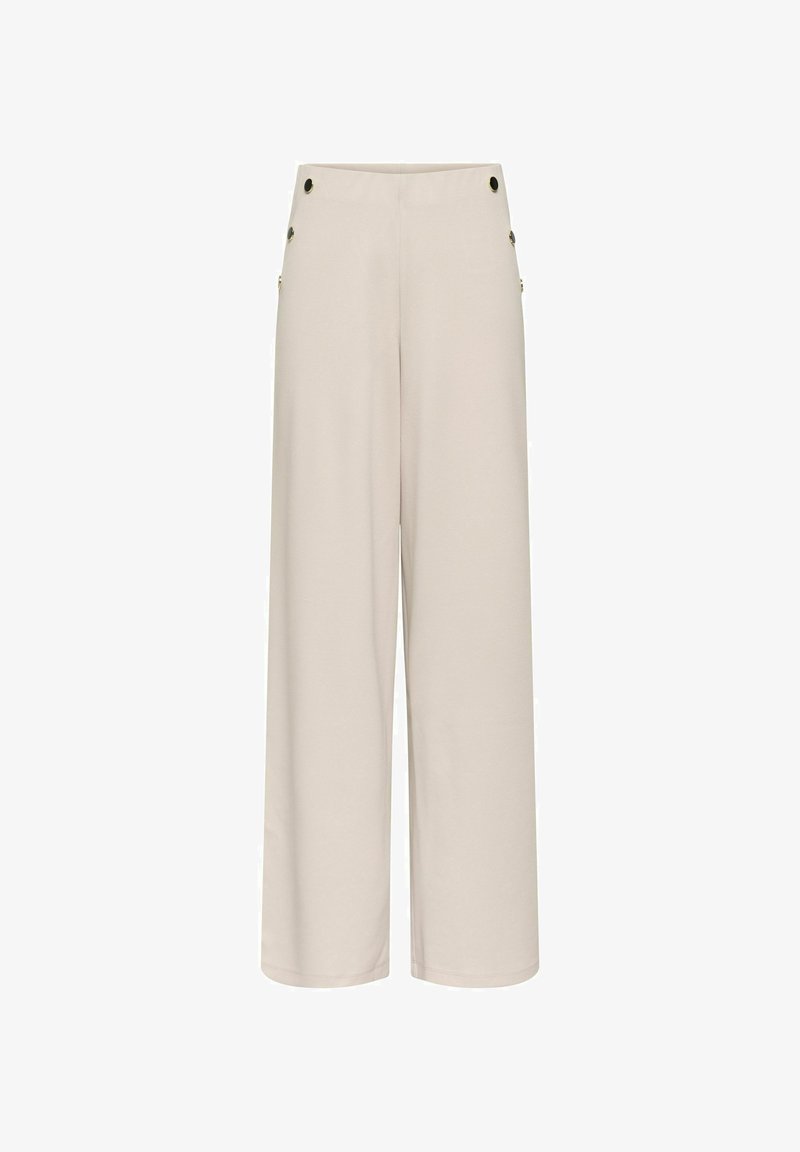 Pantalon beige taille haute à jambes larges avec détails de boutons sur les côtés, présenté sur un fond blanc.