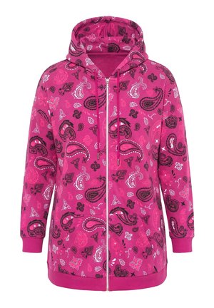 Felpa con cappuccio rosa con zip, motivi paisley in bianco e nero, tasche frontali, cappuccio con coulisse e polsini e orlo a coste.