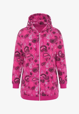Felpa con cappuccio rosa con zip, motivi paisley in bianco e nero, tasche frontali, cappuccio con coulisse e polsini e orlo a coste.