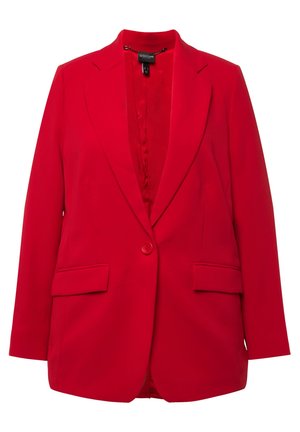 Blazer rosso realizzato in tessuto testurizzato, chiusura con un bottone, revers a punta e due tasche frontali. Interno foderato.