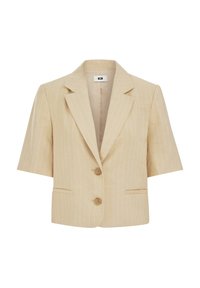 Blazer beige à manches courtes avec fines rayures blanches, revers crantés, deux boutons et deux poches avant passepoilées.