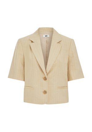 Béžové krátke sako s tenkými bielymi prúžkami, so zárezovým golierom, dvoma gombíkmi a dvoma prednými vreckami.