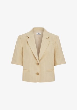 Beež lühikeste varrukatega bleiser õrnade valgete triipudega, notšiga tagasi, kahe nööbi ja kahe esikotiga.