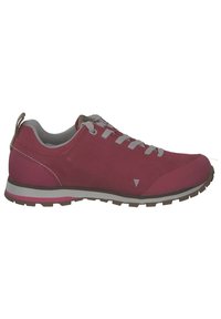 Scarpa da trekking in suede rosa con lacci grigi, suola in gomma texture e accenti in bianco e rosa scuro a contrasto. Design minimalista, leggera.