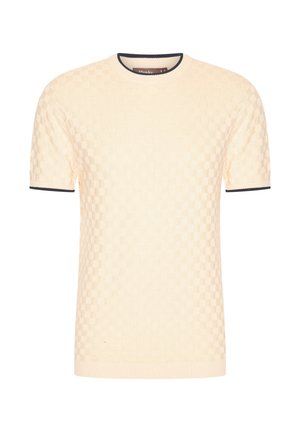 Short-sleeve cream sweater with a textured checkered pattern, rounded neckline, and navy blue accents at the cuffs and collar.