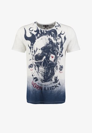 Maglietta in cotone bianca e blu navy, con una grafica di teschio con fiamme, una carta da gioco e la scritta "NATO FOTUNATO". Maniche corte, collo rotondo.