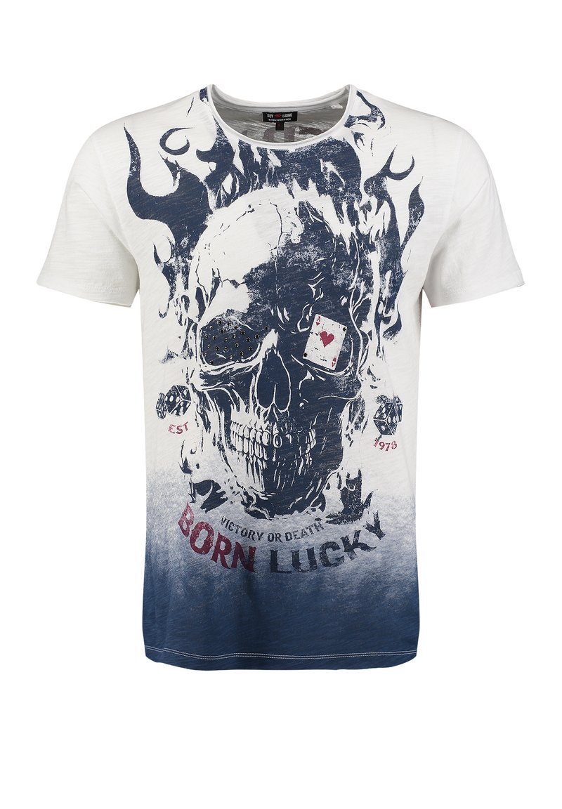 Biała i granatowa bawełniana koszulka, z graficznym nadrukiem czaszki z płomieniami, kartą do gry oraz napisem "URODZONY SZCZĘŚCIARZ". Krótkie rękawy, okrągły dekolt.