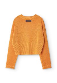 Oranger kurzer Pullover mit geripptem Saum, weiter Passform und gestrickter Struktur. Hat eine einfarbige Optik und ein dezentes Etikett am hinteren Halsausschnitt.