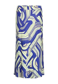 Blaue und cremefarbene gemusterte Bluse mit abstrakten Wellenlinien, aus leichtem Stoff, mit geradem Schnitt und knielangem Design.
