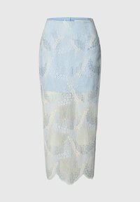 Jupe mi-longue en bleu clair et dentelle crème avec des motifs floraux et un ourlet à volants. Texture douce avec des sequins pour une touche de détail supplémentaire.