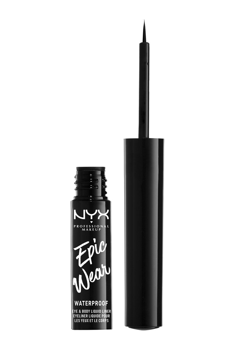 Eyeliner liquido nero in una bottiglia elegante con applicatore a punta. Presenta testo bianco per il marchio e etichettatura waterproof.