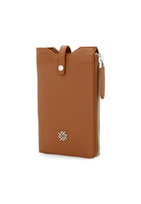 Brown leather card holder with a textured surface, silver hardware, zipper closure, and a logo accent on the front. Features a snap closure tab.