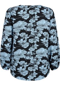 Blusa floreale nera con motivo di ibisco blu chiaro. Presenta maniche lunghe e una vestibilità morbida, realizzata in tessuto a trama morbida.