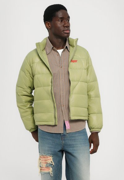 Hellgrüne Pufferjacke mit glänzender Oberfläche, Reißverschluss vorne, elastischen Bündchen, getragen über einem karierten Hemd und ausgebeulten Jeans.