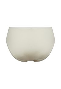 Beige bomuldsbrief med blød tekstur, hel dækning og elastisk talje. Glatte sømme uden synlige mønstre eller accentuer.