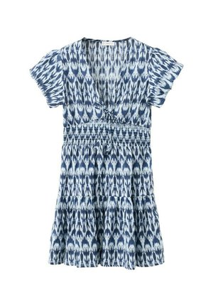 Robe à manches courtes avec motif bleu et blanc, encolure en V, taille froncée, détail noué à l'avant et jupe à étages.