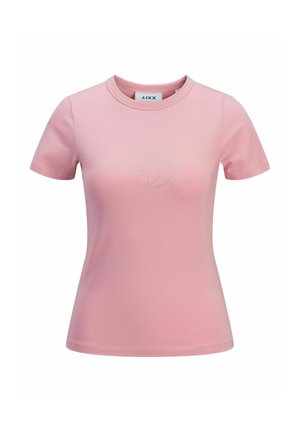 T-shirt fitted rosa chiaro a maniche corte con scollo rotondo e sottile testo argento "Buona energia" sulla parte anteriore.
