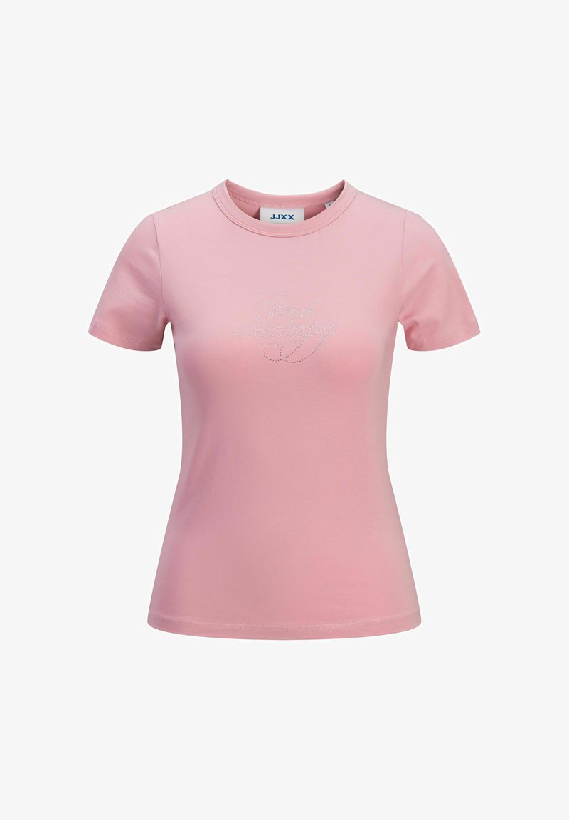 Lichtroze getailleerd T-shirt met korte mouwen en ronde hals, voorzien van subtiele zilveren tekst "Good energy" over de borst.