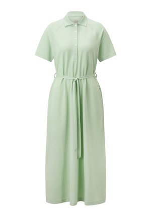 Light green polo dress with short sleeves, a collar, button placket, and a tied waist belt; made of soft, smooth fabric.