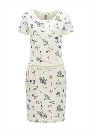Hvit kjole med korte ermer og rund hals, med snøring i midjen og marineblå tropiske linjetegninger, inkludert ananas, cocktailer og palmetrær.
