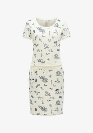 Hvid kortærmet kjole med rund halsudskæring, justerbar talje med snøre og marineblå tropiske linjetegninger, herunder ananas, cocktails og palmer.