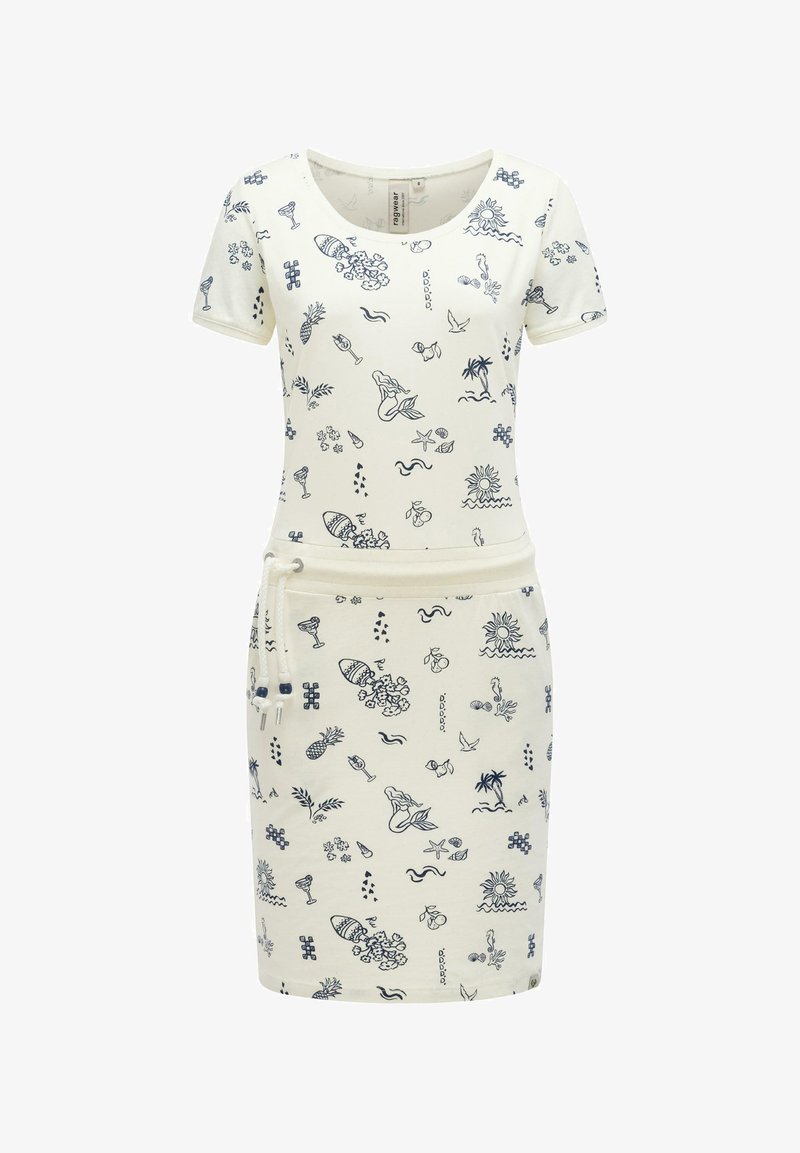 Witte jurk met korte mouwen, ronde halslijn, taille met trekkoord, en marineblauwe lijntekeningen met een tropisch thema waaronder ananassen, cocktails en palmboom.