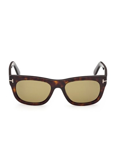 Rectangular tortoiseshell sunglasses with brown tinted lenses and silver accents on the temples, shown from the front on white background.