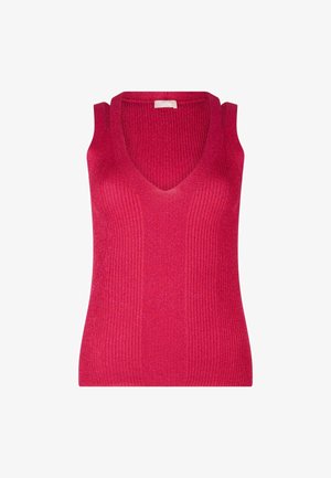 Top senza maniche a scollo a V in un vivace rosa, con una texture a costine. Presenta un design aderente e dettagli sulle spalle che valorizzano la forma.