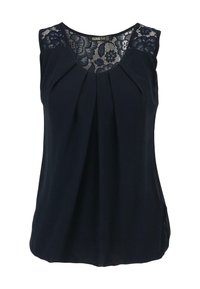 Blouse sans manches bleu marine avec empiècement en dentelle, devant plissé et fentes sur les côtés, fabriquée en tissu doux pour le confort et la facilité de porter.