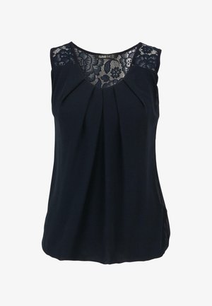 Tumedat sinise värvi ilma varrukateta pluus pitsist koha ja volditud esitükiga, külgedel lõhkedega, valmistatud siledast kangast mugavuse ja kerge kandmise tagamiseks.