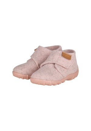 Soft pink toddler slippers with adjustable hook-and-loop straps and flexible rubber soles, designed for indoor comfort.