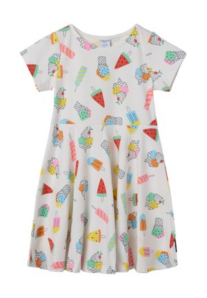 Witte meisjesjurk met korte mouwen, bedrukt met kleurrijke patronen van ijsjes, waterijsjes en een stuk watermeloen.