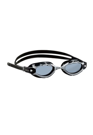 Schwimmbrille mit schwarzem Silikonrahmen, transparenten Gläsern und dualem Riemendesign. Verfügt über akzentuierte Beschläge und eine verstellbare Passform.