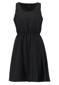 Schwarzes ärmelloses Kleid mit runder Halslinie, elastischem Bund und fließendem Rock. Hergestellt aus einem leichten, glatten Stoff.