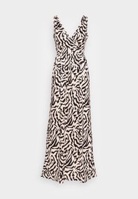 Robe maxi en tissu léger avec un décolleté en V, présentant un imprimé animal abstrait noir et crème ainsi qu'une taille élastiquée.