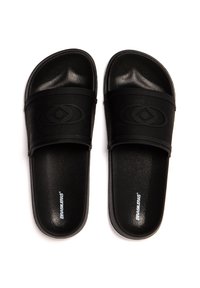 Schwarze Rutschsandalen mit einem strukturierten oberen Riemen im doppelten Ovalmuster, einer glatten, geformten Fußbett und einer strapazierfähigen Gummisohle.