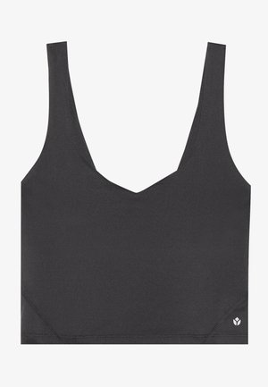 Dark gray sports bra with a V-neck, wide straps, and seamless design. Notable logo accent at the bottom corner. Smooth texture.