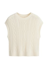 Gilet sans manches crème en maille torsadée avec col rond, emmanchures et ourlet côtelés, présentant des motifs losanges et tressés.