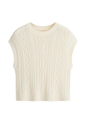 Mouwloze crèmekleurige kabelgebreide trui met geribde ronde hals, armsgaten en zoom, met diamant- en gevlochten patronen.