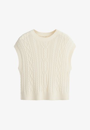 Mouwloze crèmekleurige kabelgebreide trui met geribde ronde hals, armsgaten en zoom, met diamant- en gevlochten patronen.