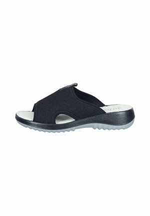 Black open-toe slip-on sandal with cushioned grey footbed and textured grey sole, featuring cutout sides and fabric upper.