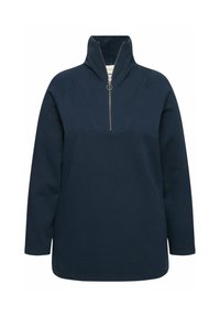 Mörkblå tröja med kvartdragkedja, långa ärmar och ett strukturerat tyg med en triangulär sömdetalj på framsidan.