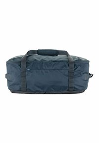 Borsa da viaggio blu navy a forma rettangolare, in nylon, con doppie maniglie e zip superiore; presenta un piccolo dettaglio del logo.