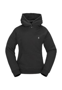 Sort hættetrøje lavet af blødt stof, med en stor hætte, lomme foran og knapdetalje ved halsen. Simpelt broderet logo på brystet.