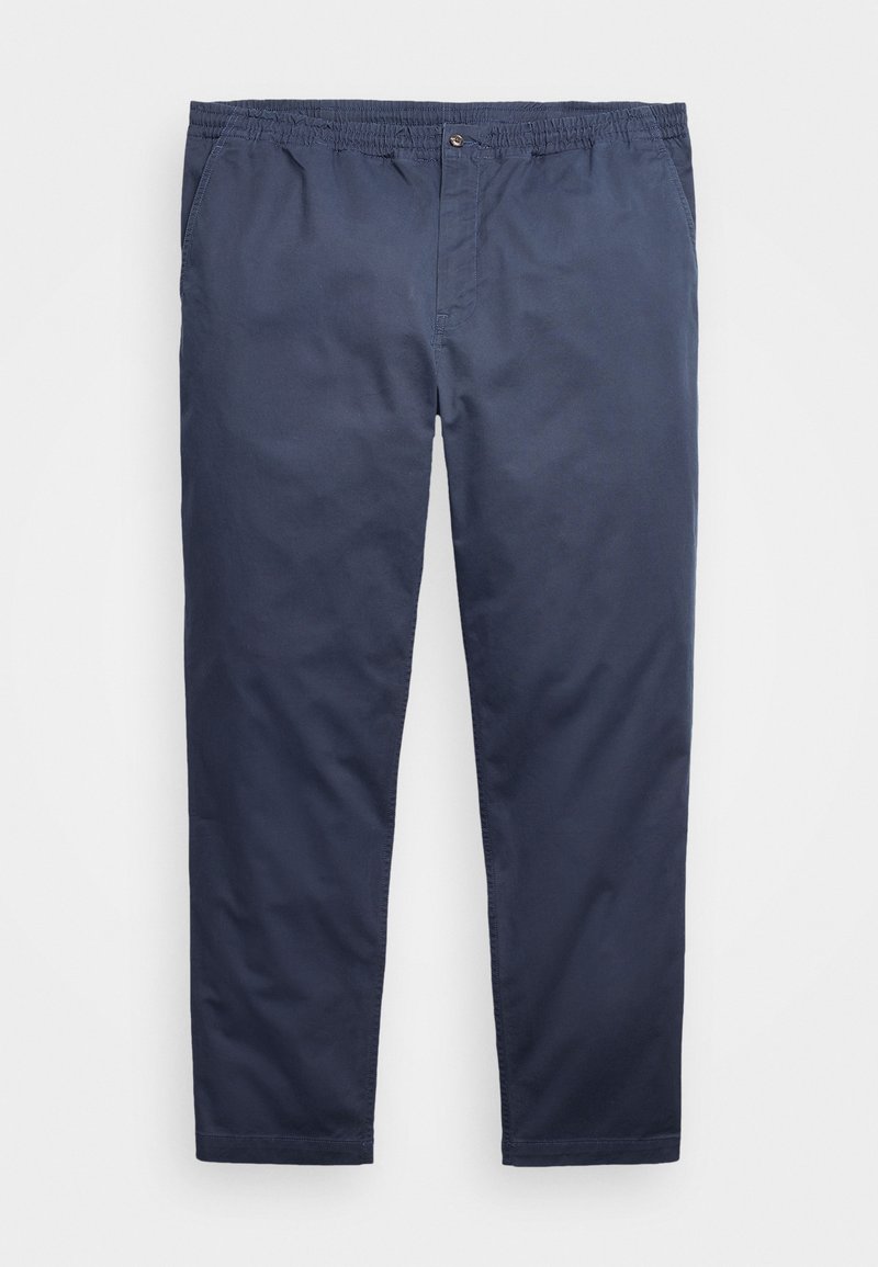 Navy blue pants made of cotton, featuring an elastic waistband, front slant pockets, and a straight leg design. Smooth texture, no patterns.
